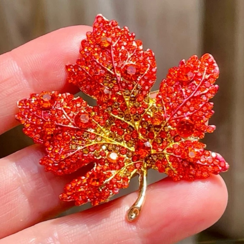 Orange Maple Leaf Brooch Maple Leaf Rhinestone Pin Harvest Brooch Pendant